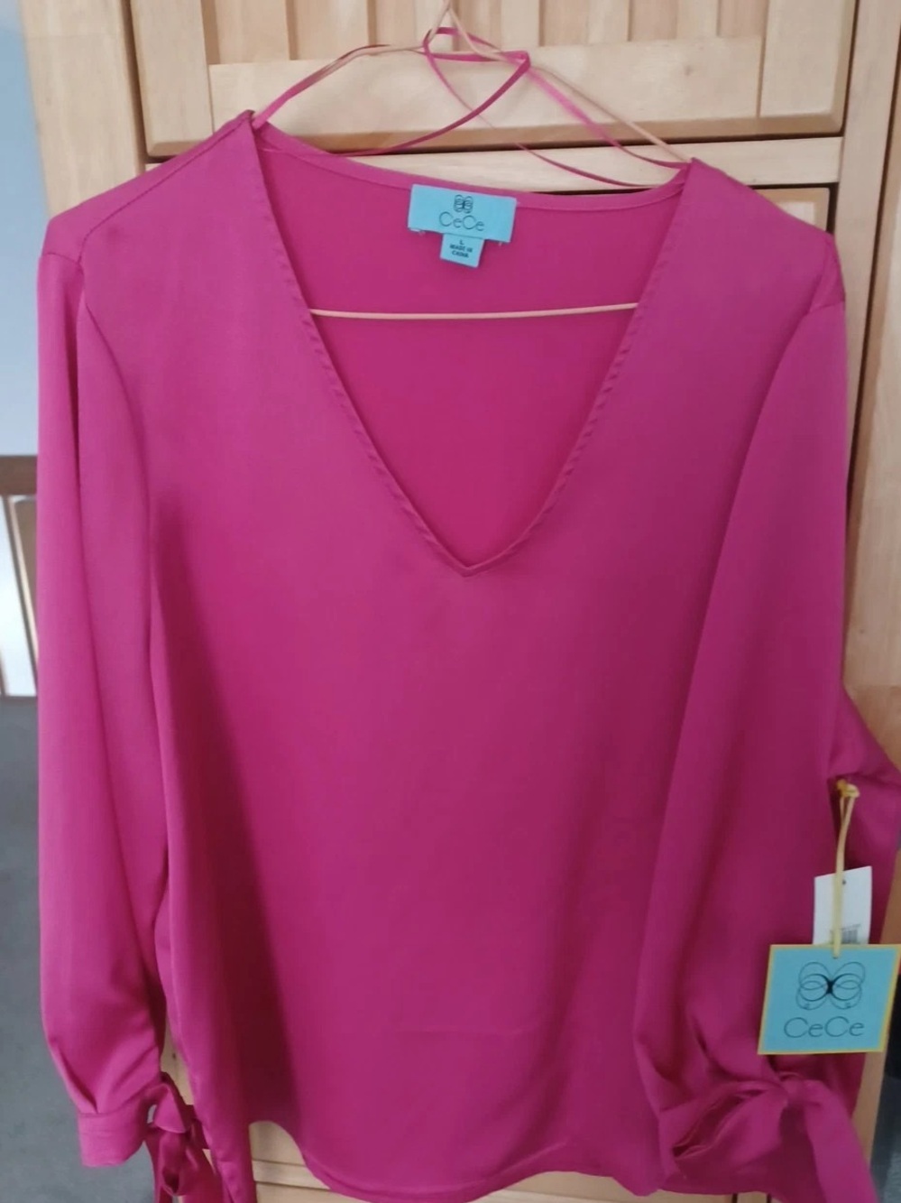 CeCe Pink V-Neck Long Sleeve Blouse with Tie Cuffs
